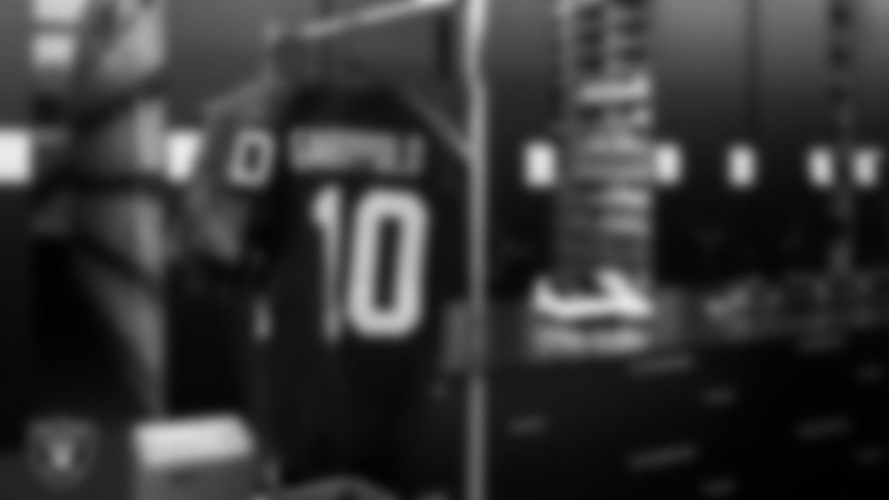 Las Vegas Raiders quarterback Jimmy Garoppolo's (10) jersey in the equipment room at Intermountain Healthcare Performance Center.