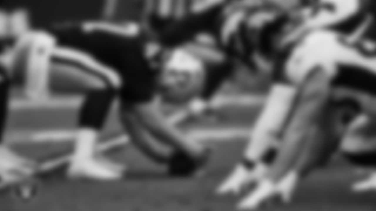 Las Vegas Raiders long snapper Trent Sieg (47) lines up before the snap during the regular season home game against the Denver Broncos at Allegiant Stadium.