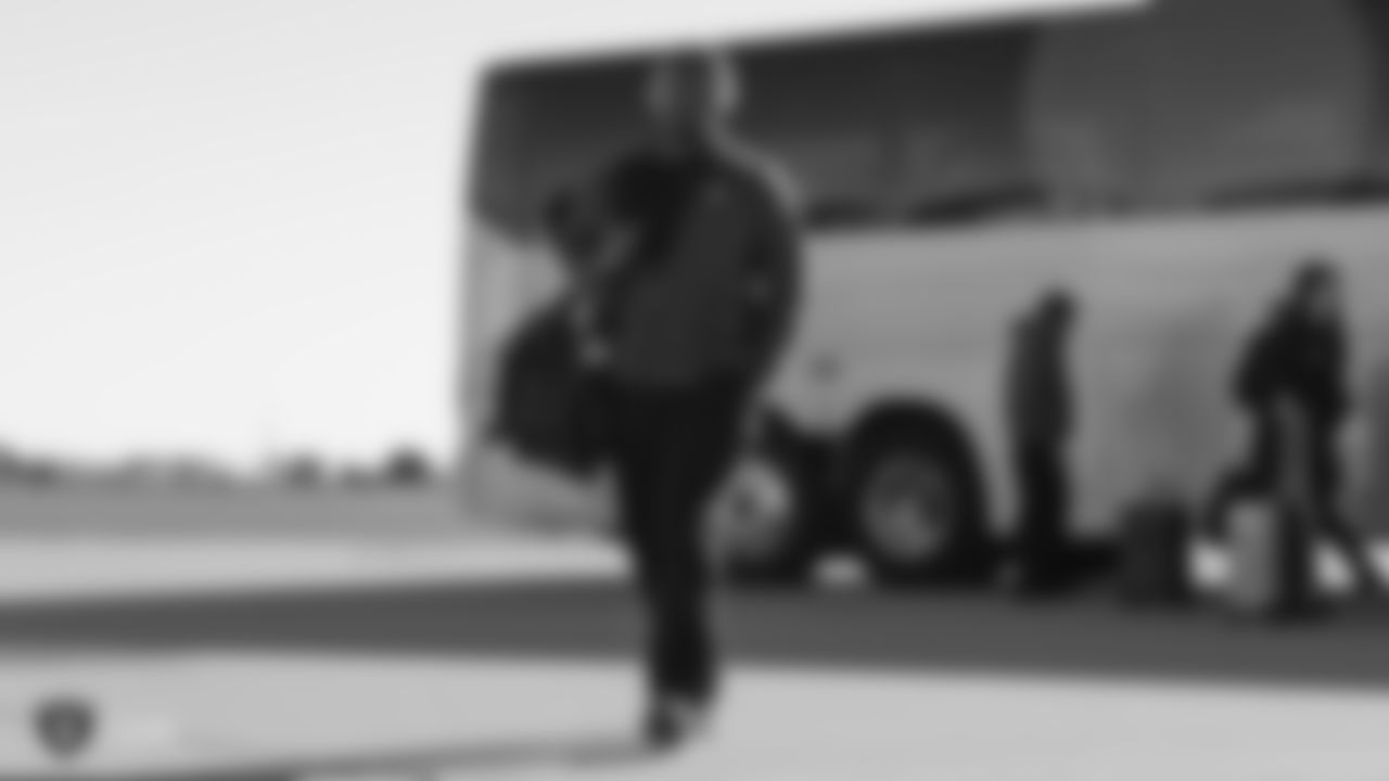Oakland Raiders tackle Justin Murray (71) departs for their game against the Kansas City Chiefs, Friday, December 28, 2018, in Oakland, California.