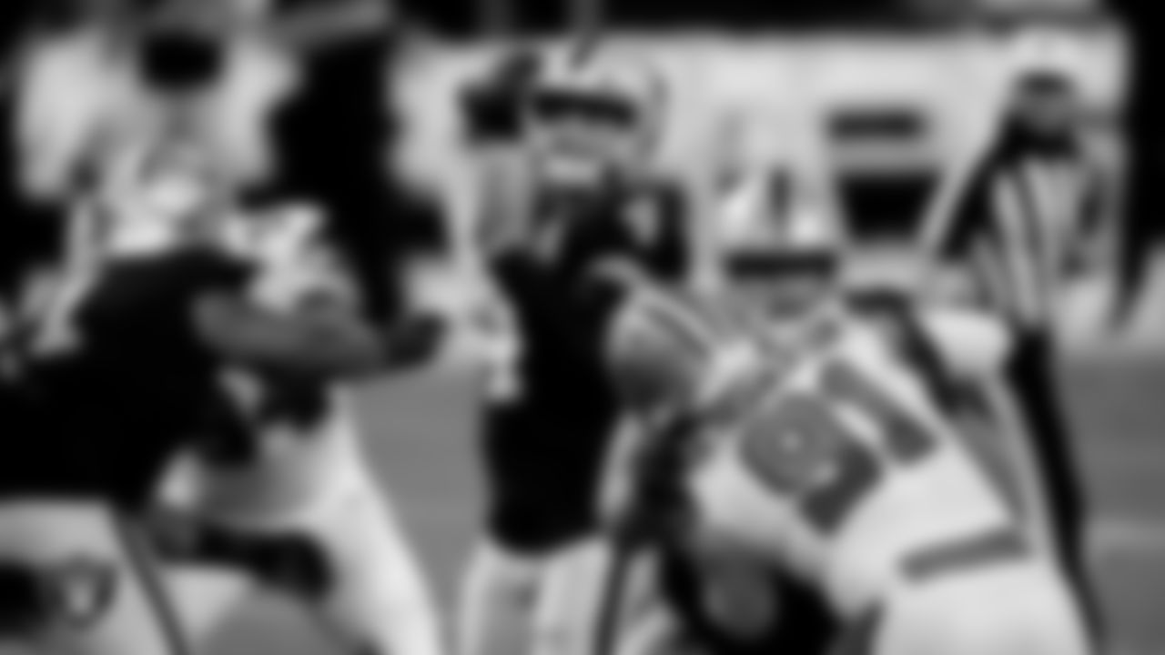 Las Vegas Raiders quarterback Derek Carr (4) passes during the regular season home game against the New Orleans Saints.