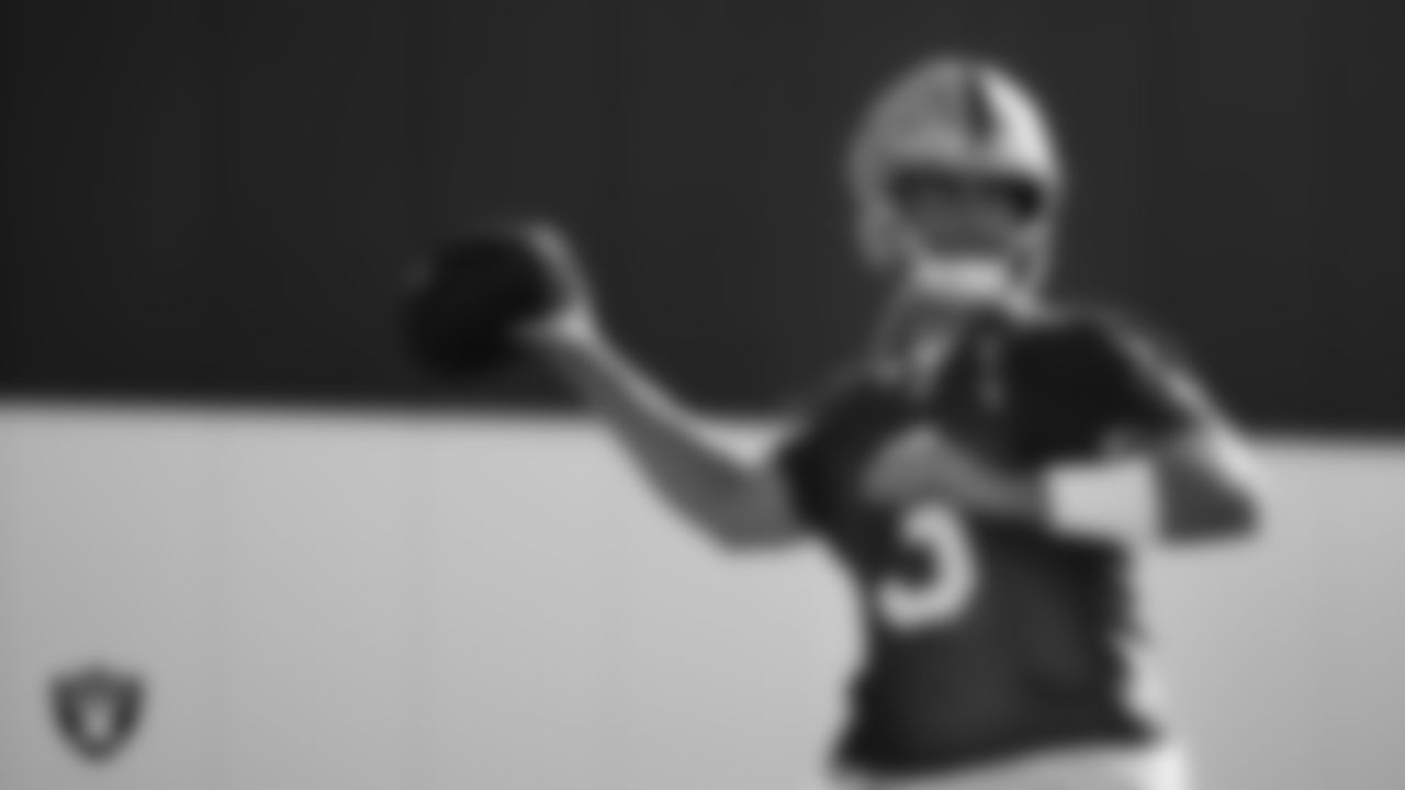 Las Vegas Raiders quarterback Jarrett Stidham (3) on the field for practice at 2022 Training Camp at Intermountain Healthcare Performance Center.