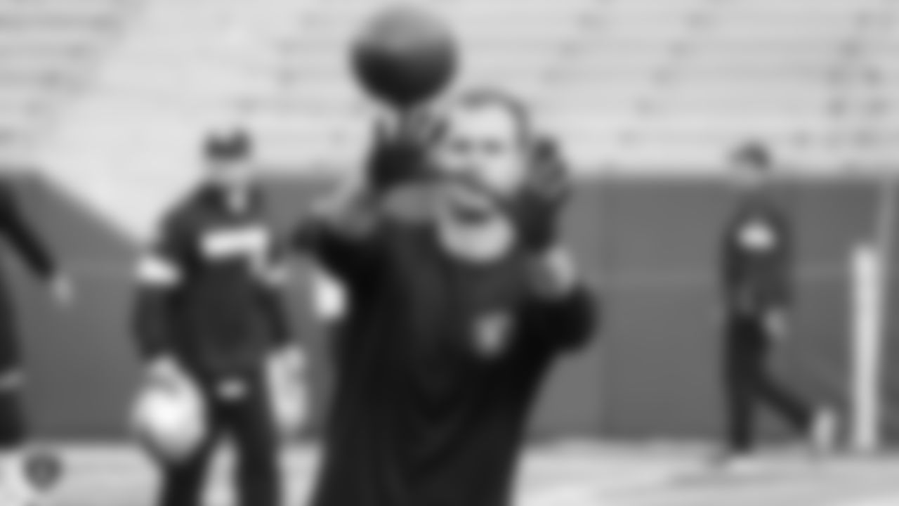 Raiders wide receiver Hunter Renfrow (13) warms up before the regular season game against the Green Bay Packers at Lambeau Field.