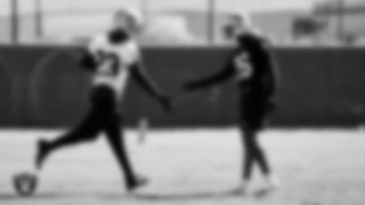 Las Vegas Raiders running back Kenyan Drake (23) and cornerback Ha Ha Clinton-Dix (26) during practice at Intermountain Healthcare Performance Center.