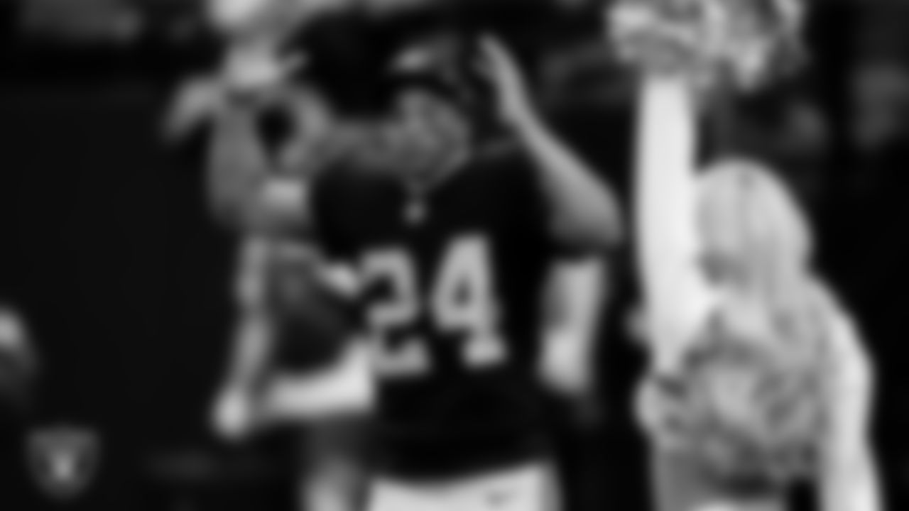 Las Vegas Raiders safety Johnathan Abram (24) is introduced onto the field before the regular season home game against the Cincinnati Bengals.