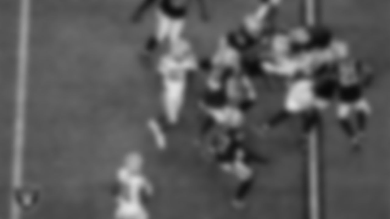 The Las Vegas Raiders defense during the regular season home game against the Green Bay Packers at Allegiant Stadium.