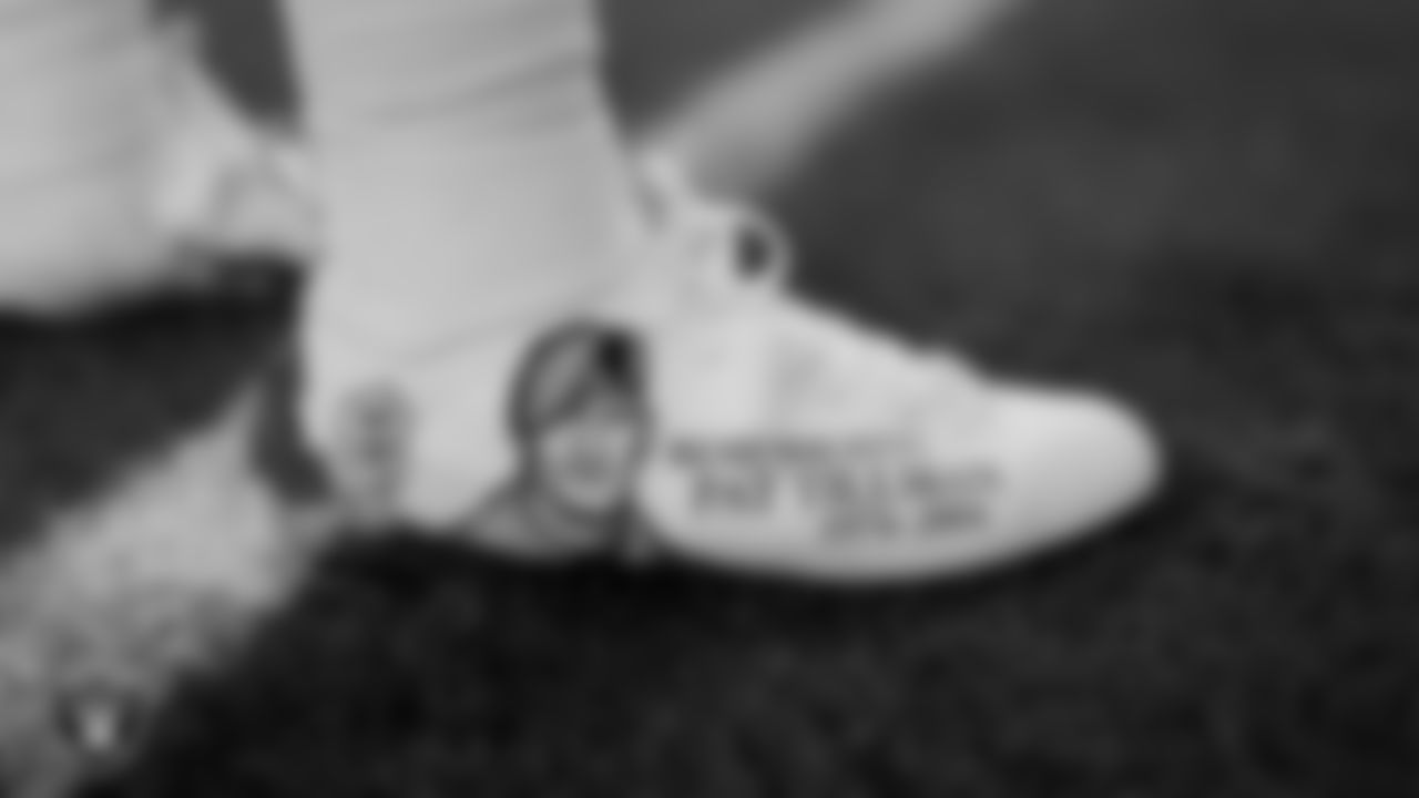 Las Vegas Raiders running back Josh Jacobs' (28) cleats during warm ups before the regular season home game against the Kansas City Chiefs.