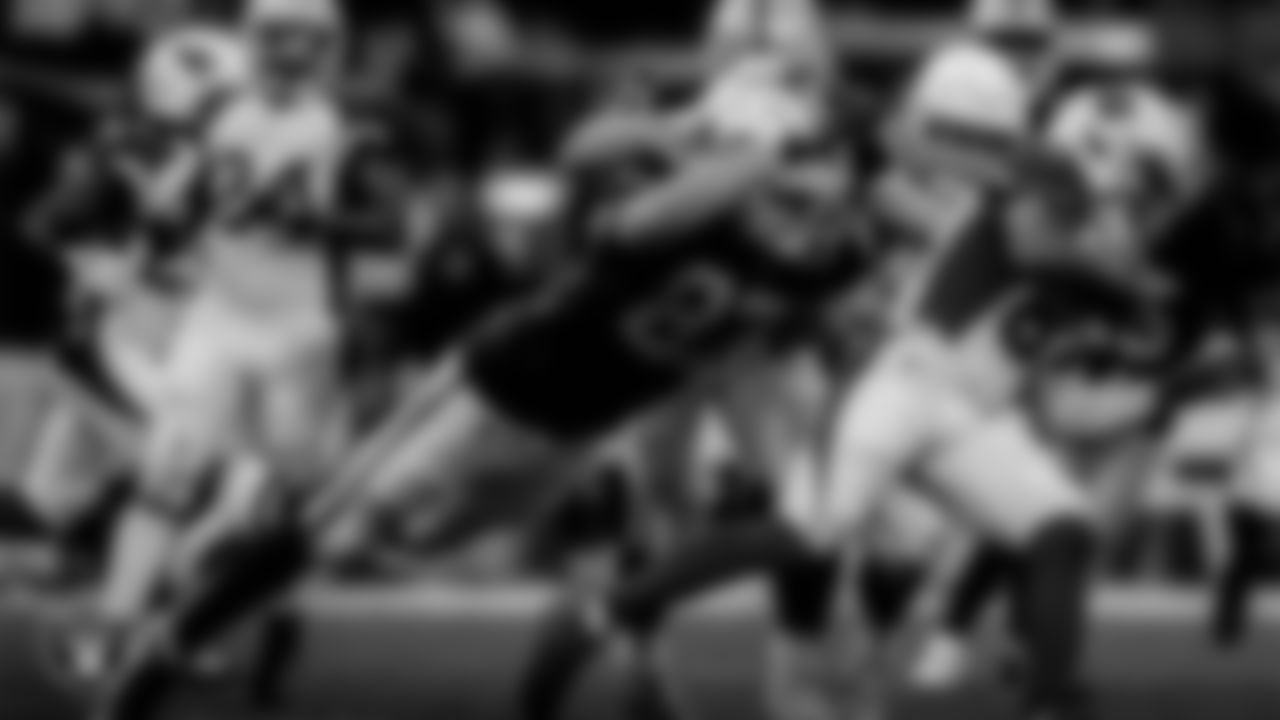 Las Vegas Raiders tight end Foster Moreau (87) makes a tackle during the regular season home game against the Arizona Cardinals at Allegiant Stadium.