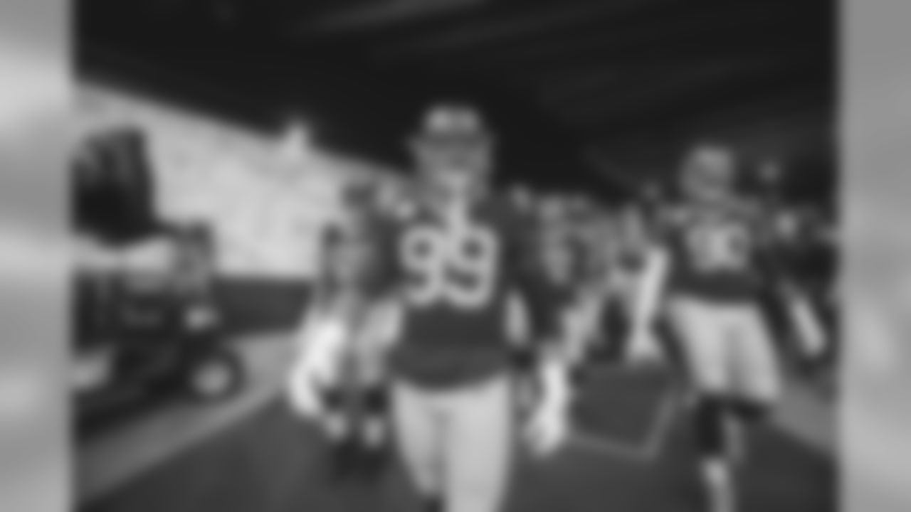 Defensive tackle (99) Aaron Donald of the Los Angeles Rams enters the field before the Rams 17-7 victory against the Bears in an NFL Week 11 regular season football game, Sunday, November 17, 2019, in Los Angeles, CA. (Jeff Lewis/Rams)