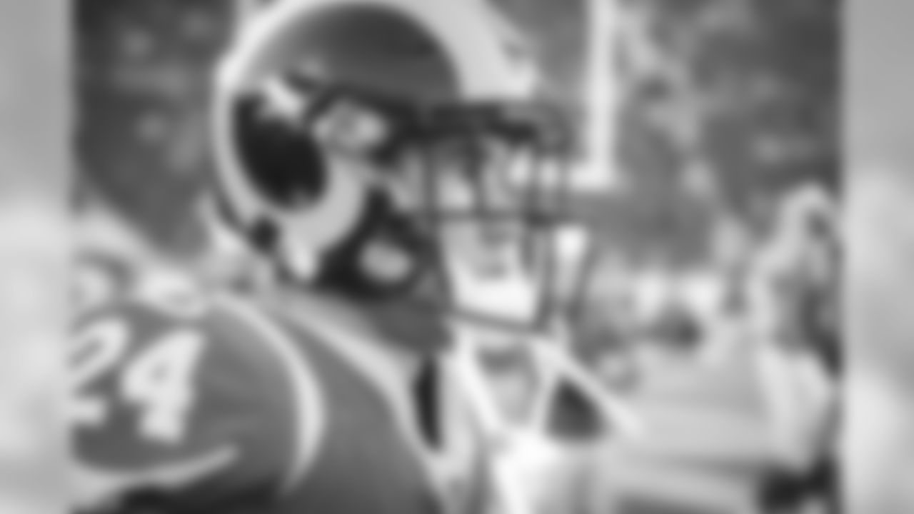 Safety (24) Taylor Rapp of the Los Angeles Rams warms up before the Rams 10-6 victory over the Denver Broncos in an NFL preseason football game, Saturday, August 24, 2019, in Los Angeles, CA. (Jeff Lewis/Rams)