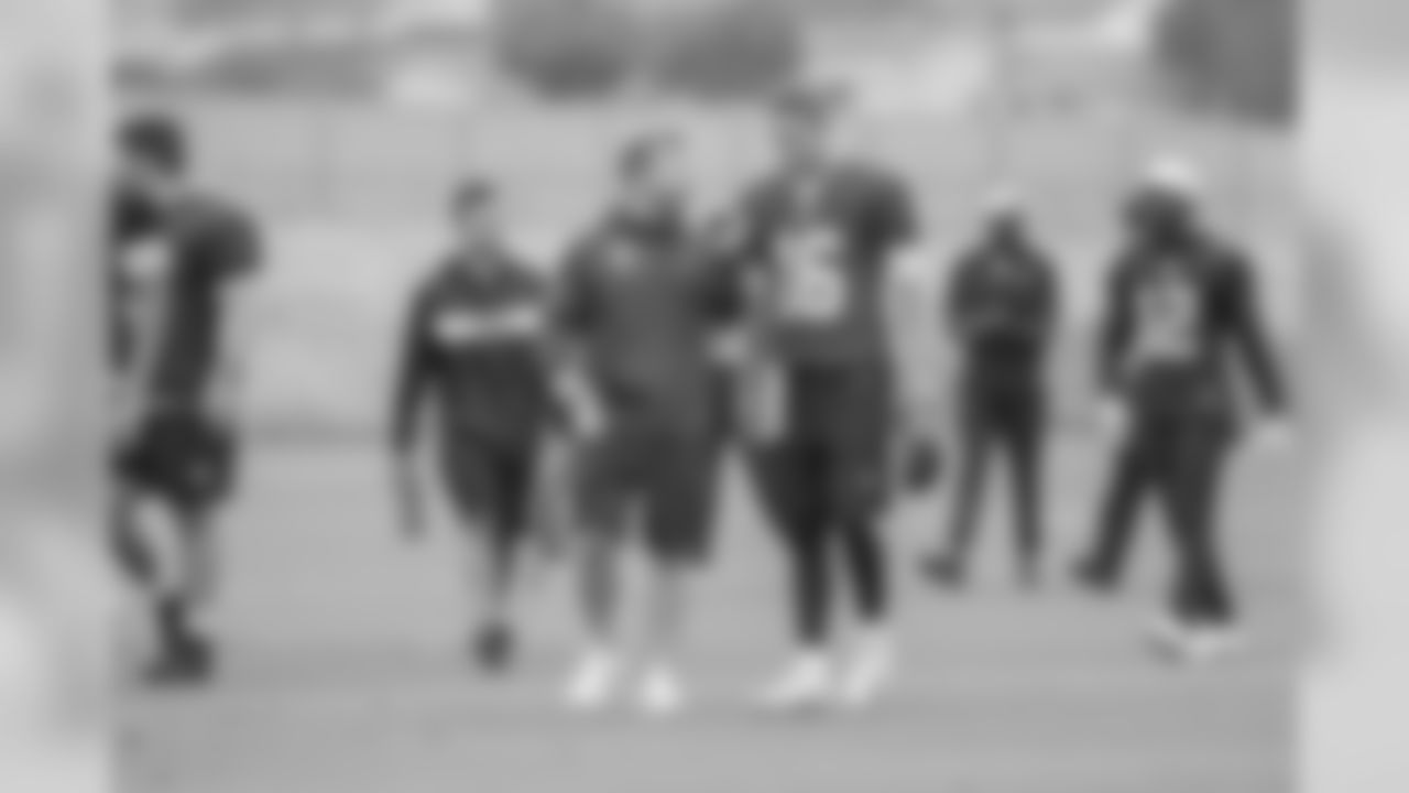 Quarterback (16) Jared Goff of the Los Angeles Rams speaks with head coach Sean McVay after work outs on the field, Tuesday, May 14, 2019, in Thousand Oaks, CA. (Jeff Lewis/Rams)