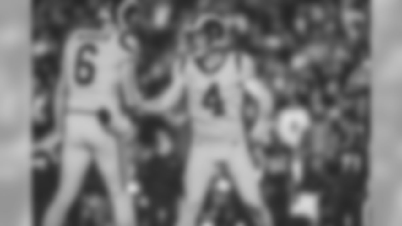 Kicker (4) Greg Zuerlein of the Los Angeles Rams is congratulated by punter (6) Johnny Hekker after making a field goal against the Baltimore Ravens during the Rams 6-45 loss to the Ravens in an NFL Week 12 regular season football game, Monday, November 25, 2019, in Los Angeles, CA. (Jeff Lewis/Rams)