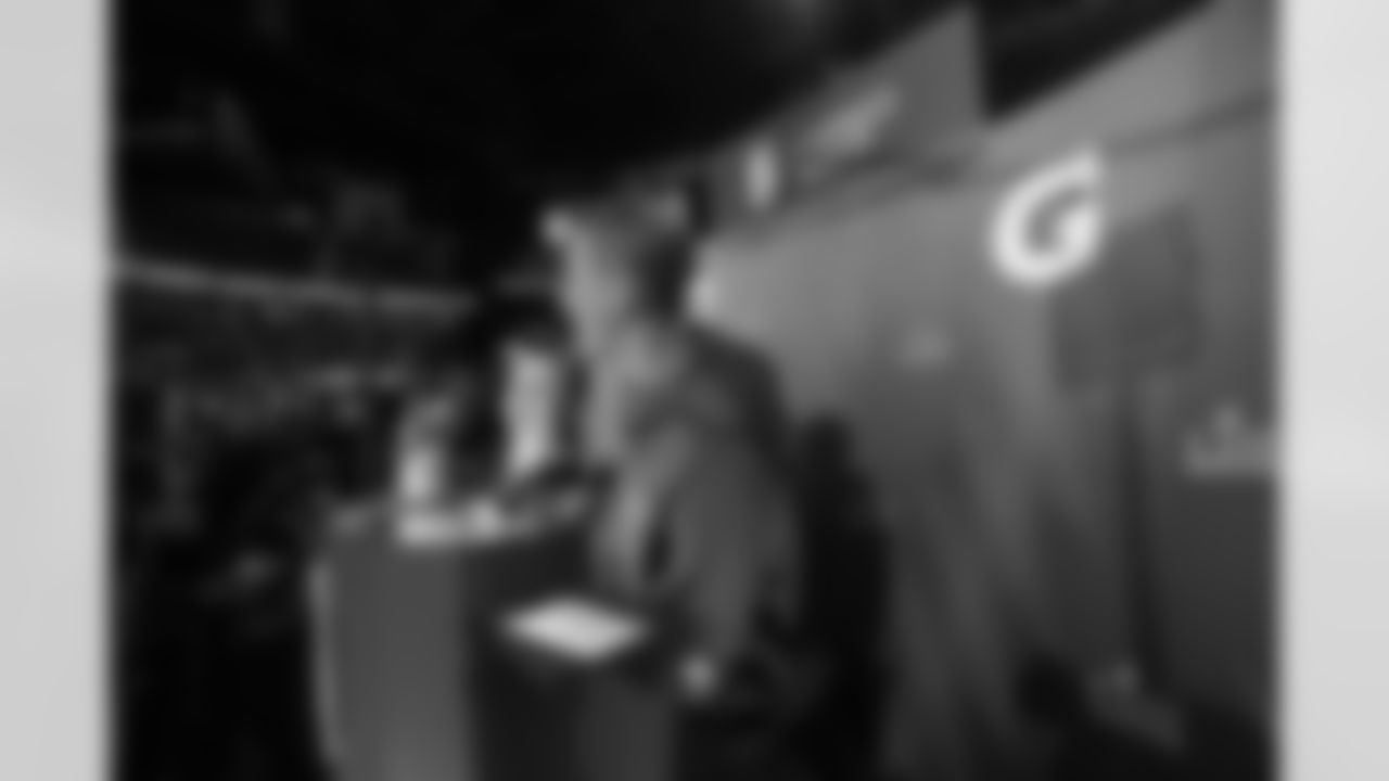 Quarterback (16) Jared Goff of the Los Angeles Rams is interviewed during Opening Night at State Farm Arena for Super Bowl LIII festivities. The Los Angeles Rams face off versus the New England Patriots. Monday, January 28, 2019, Atlanta, GA. (Will Navarro/Rams)