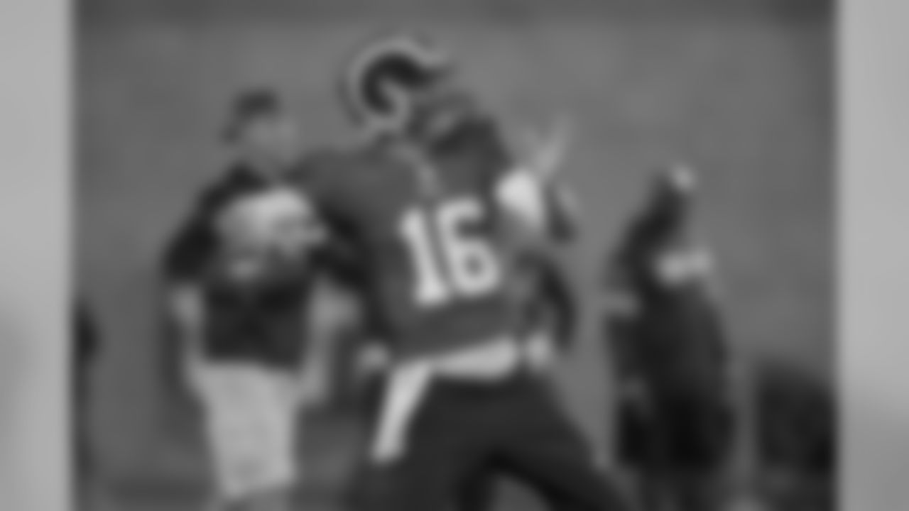 Quarterback (16) Jared Goff of the Los Angeles Rams practices at Georgia Tech, Thursday, October 24, 2019, in Atlanta, GA. (Jeff Lewis/Rams)