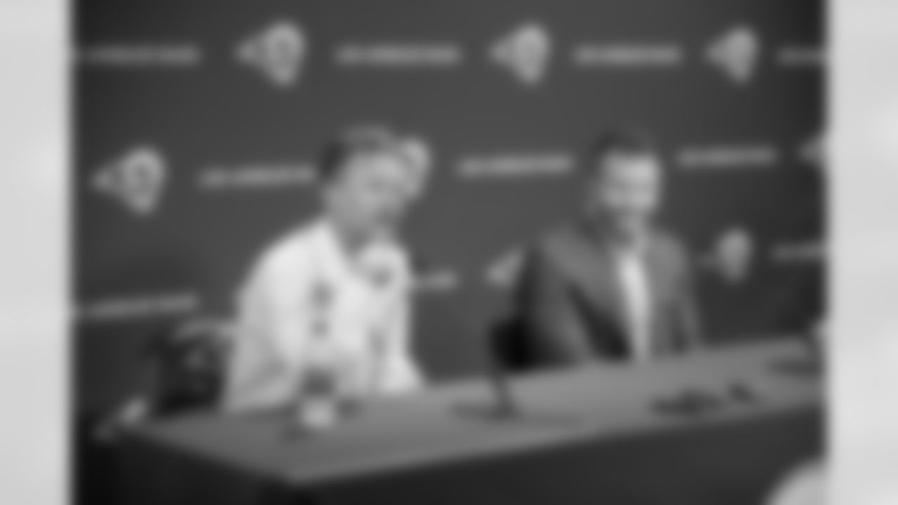 Head coach Sean McVay and General Manager Les Snead of the Los Angeles Rams speaks to the media during a post Round 1 NFL Draft press conference, Thursday, April 25, 2019, in Thousand Oaks, CA. (Jeff Lewis/Rams)