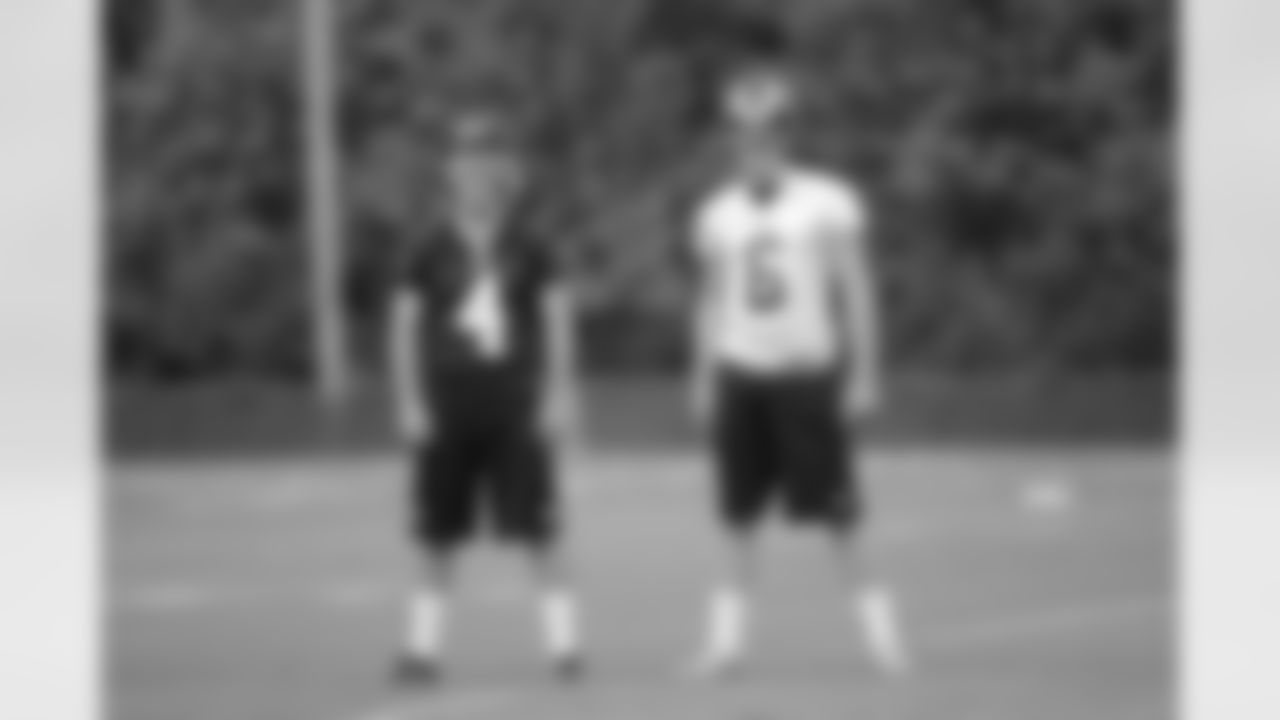 "St. Louis Rams kicker Greg Zuerlein and punter John Hekker look on during NFL football rookie minicamp Friday, May 11, 2012, at the Rams' training facility. (Photo by G. Newman Lowrance)"