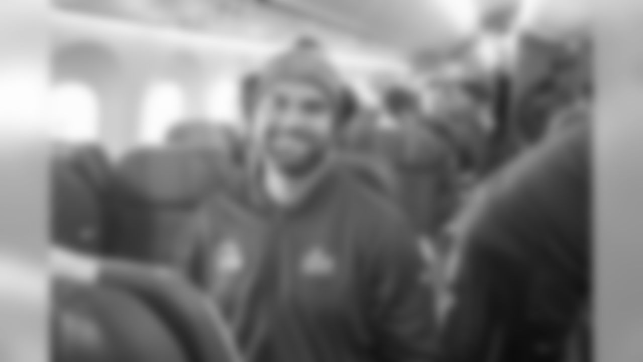 Offensive lineman (71) Kyle Murphy of the Los Angeles Rams sits on the plane flying to Atlanta for Super Bowl LIII, Sunday, January 27, 2019, in Los Angeles, CA. (Jeff Lewis/Rams)