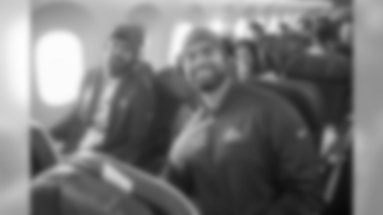 Offensive lineman (71) Kyle Murphy of the Los Angeles Rams sits on the plane flying to Atlanta for Super Bowl LIII, Sunday, January 27, 2019, in Los Angeles, CA. (Jeff Lewis/Rams)
