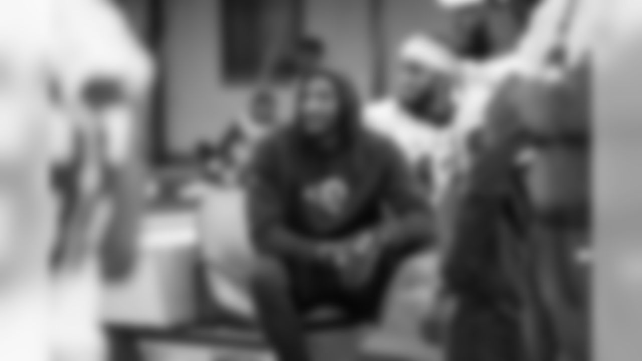 Cornerback (21) Aqib Talib of the Los Angeles Rams sits before work outs on day 2 of Phase II of the offseason program workouts, Tuesday, April 30, 2019, in Thousand Oaks, CA. (Jeff Lewis/Rams)