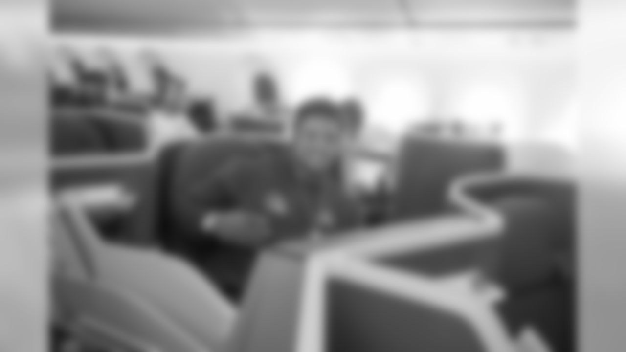 Guard (76) Rodger Saffold of the Los Angeles Rams sits on the plane flying to Atlanta for Super Bowl LIII, Sunday, January 27, 2019, in Los Angeles, CA. (Jeff Lewis/Rams)