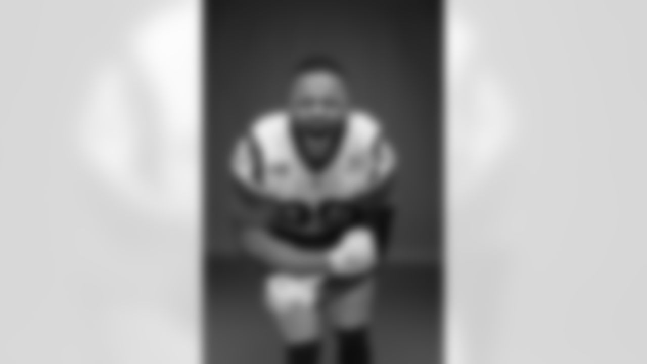 Defensive lineman (99) Aaron Donald of the Los Angeles Rams poses on Super Bowl LVI Media Day, Wednesday, Feb. 2, 2022, in Thousand Oaks, CA. (Jeff Lewis/LA Rams)