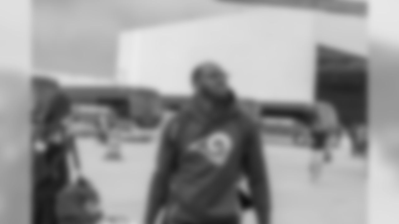 Tight end (48) Keenen Brown of the Los Angeles Rams arrives at the airport and enters the plane to Oakland, Tuesday, August 6, 2019, in Los Angeles, CA. (Jeff Lewis/Rams)