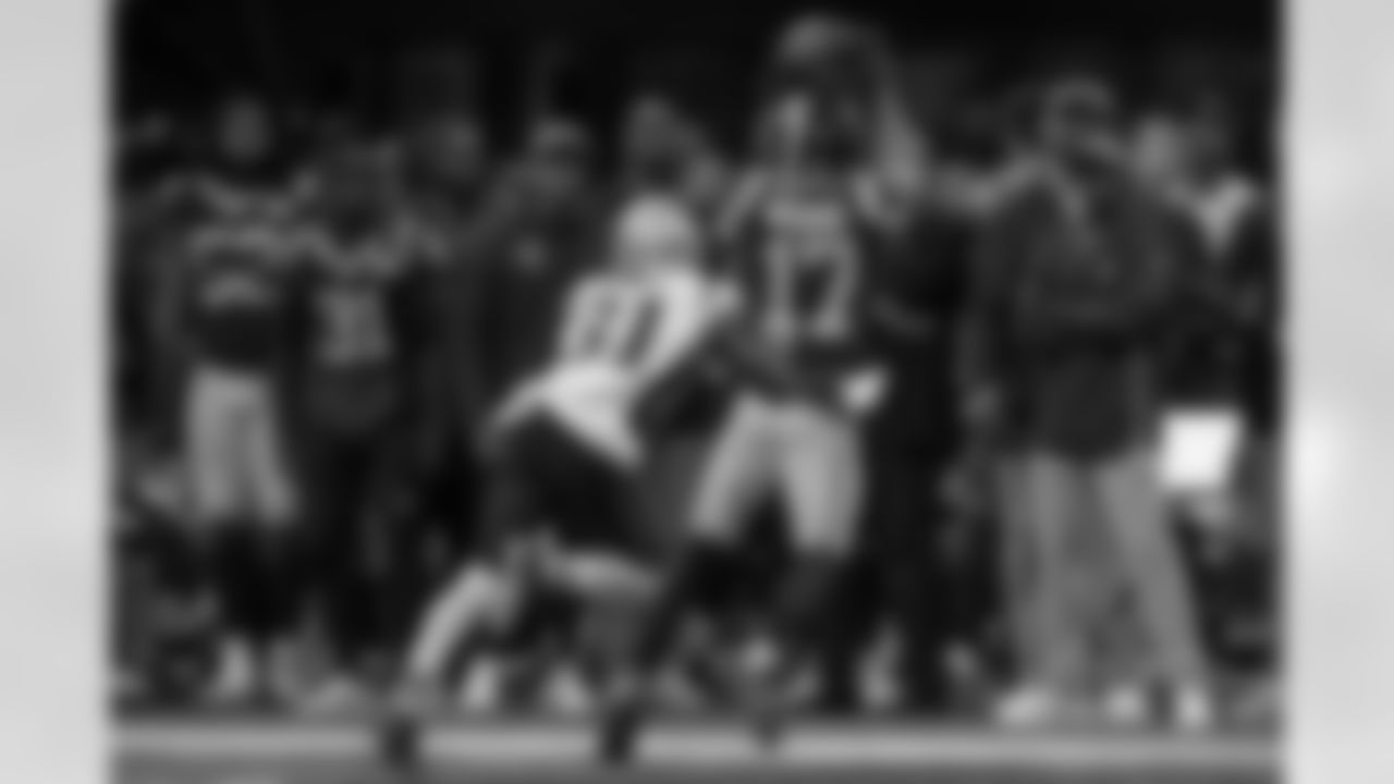 Wide receiver #17 Robert Woods of the Los Angeles Rams with a reception during the Rams versus Patriots Super Bowl LIII (53) game, on February 3, 2019, at the Mercedes Benz Stadium, in Atlanta, GA. (Daniel Bowyer/Rams)