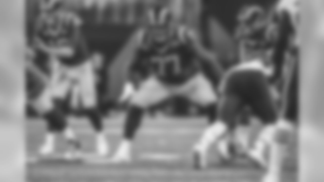 Los Angeles Rams offensive tackle Andrew Whitworth (77) sets a block during the NFL Super Bowl LIII football game against the New England Patriots on Sunday, Feb 3, 2019 in Atlanta. (Hiro Ueno/Rams)