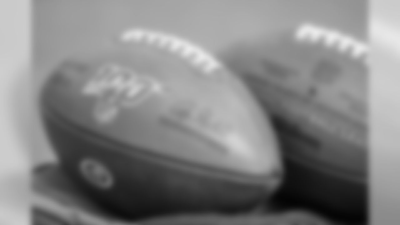 NFL 100 Footballs sit at practice on Day 1 of Phase II of the offseason workouts, Monday, April 29, 2019, in Thousand Oaks, CA. (Jeff Lewis/Rams)