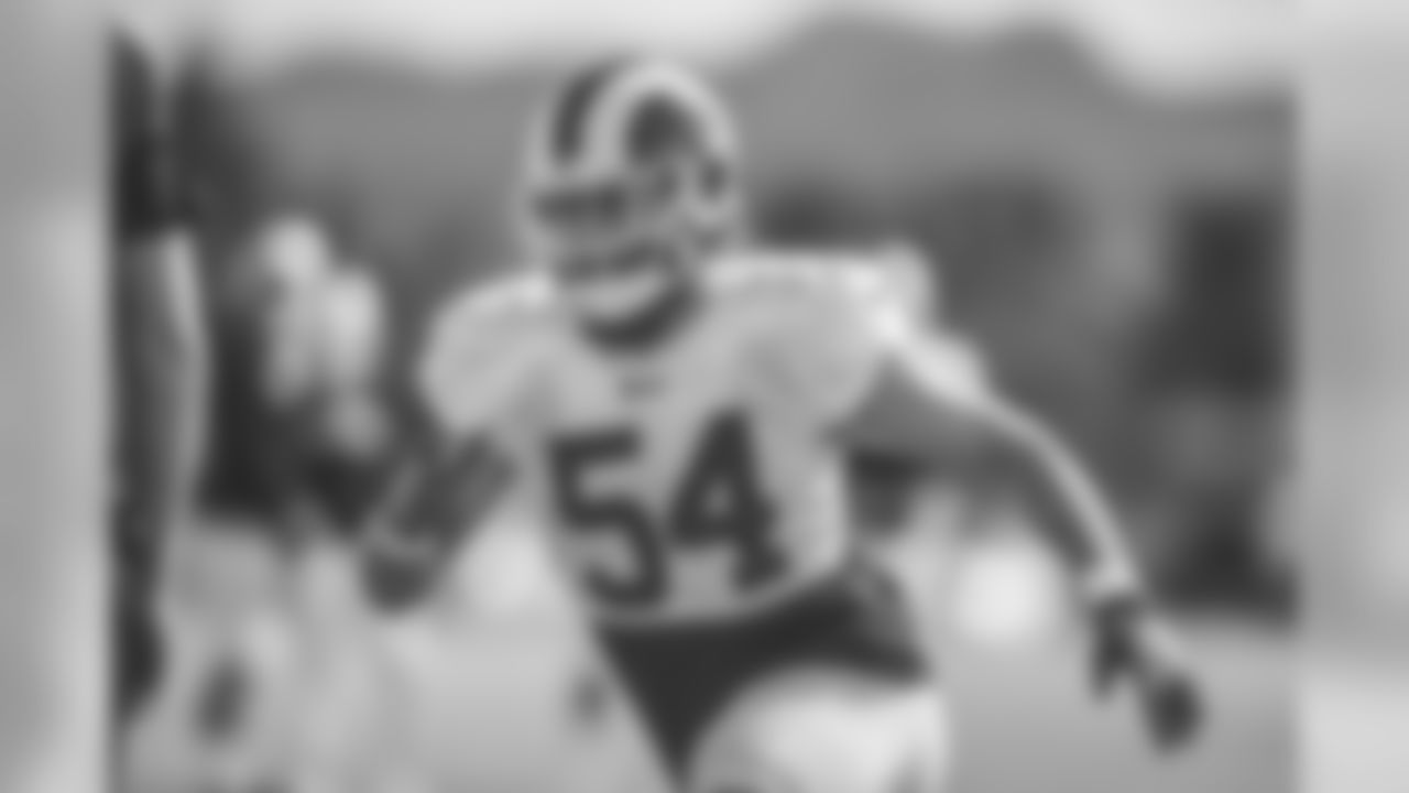 Linebacker (54) Bryce Hager of the Los Angeles Rams practices, Thursday, November 1, 2018, in Thousand Oaks, CA. (Jeff Lewis/Rams)