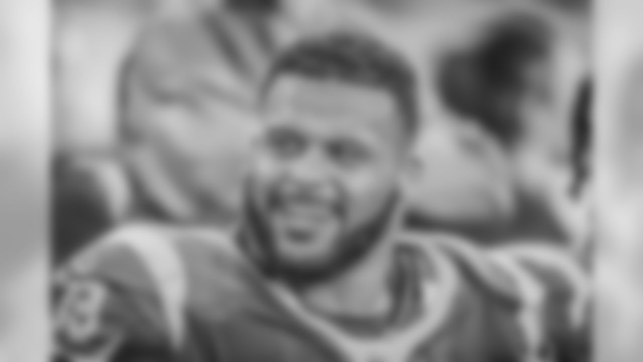 Los Angeles Rams defensive tackle Aaron Donald (99) on the sidelines during an NFL Week 4 Football game against the Minnesota Vikings. The Thursday Night Football game was simulcast on NFL Network, FOX, and Amazon Prime Video at the Los Angeles Memorial Coliseum in Los Angeles, Calif. on September 27th, 2018 (Hiro Ueno/Rams).