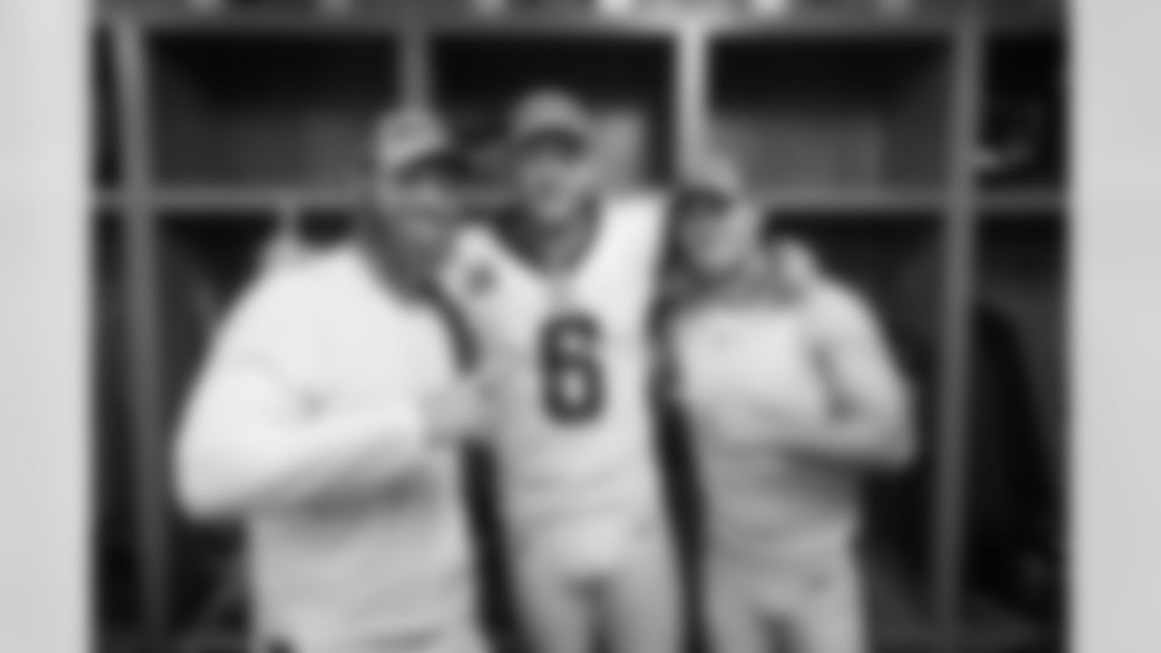 (44) Jake McQuaide, (6) Johnny Hekker, and (4) Greg Zuerlein of the Los Angeles Rams celebrates in the locker room after the Rams 30-16 victory over the Lions to win the NFC West in a Week 13 NFL football game, Sunday, December 3, 2018, in Detroit, MI. (Jeff Lewis/Rams)