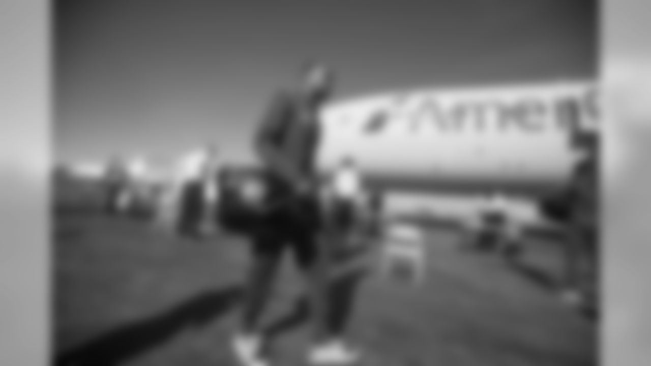 Wide receiver (17) Robert Woods of the Los Angeles Rams gets on the plane at LAX to fly to Atlanta for Super Bowl LIII, Sunday, January 27, 2019, in Los Angeles, CA. (Jeff Lewis/Rams)