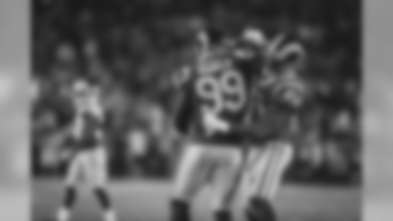 Defensive tackle (99) Aaron Donald of the Los Angeles Rams sacks quarterback (4) Chase Daniel of the Chicago Bears and celebrates with linebacker (45) Ogbonnia Okoronkwo during the Rams 17-7 victory against the Bears in an NFL Week 11 regular season football game, Sunday, November 17, 2019, in Los Angeles, CA. (Jeff Lewis/Rams)