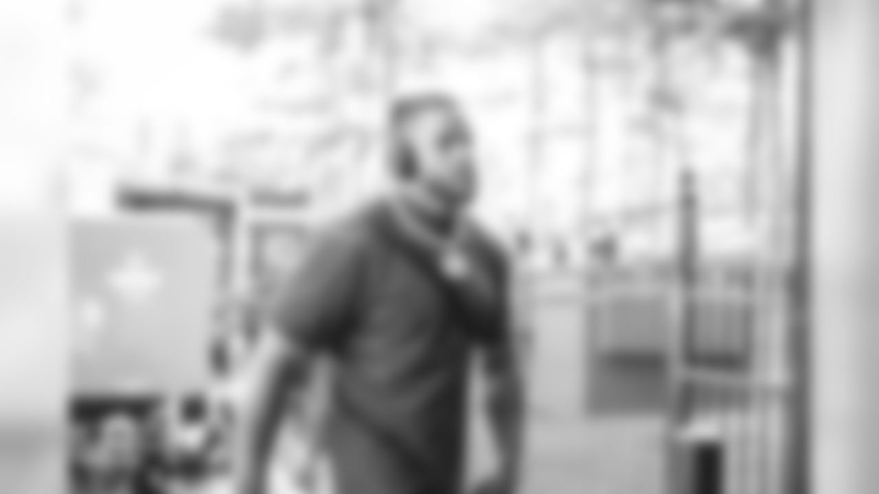 Defensive tackle (99) Aaron Donald of the Los Angeles Rams arrives at the stadium before the Rams 30-27 victory over the Panthers in an NFL Week 1 football game, Sunday, September 8, 2019, in Charlotte, NC. (Jeff Lewis/Rams)