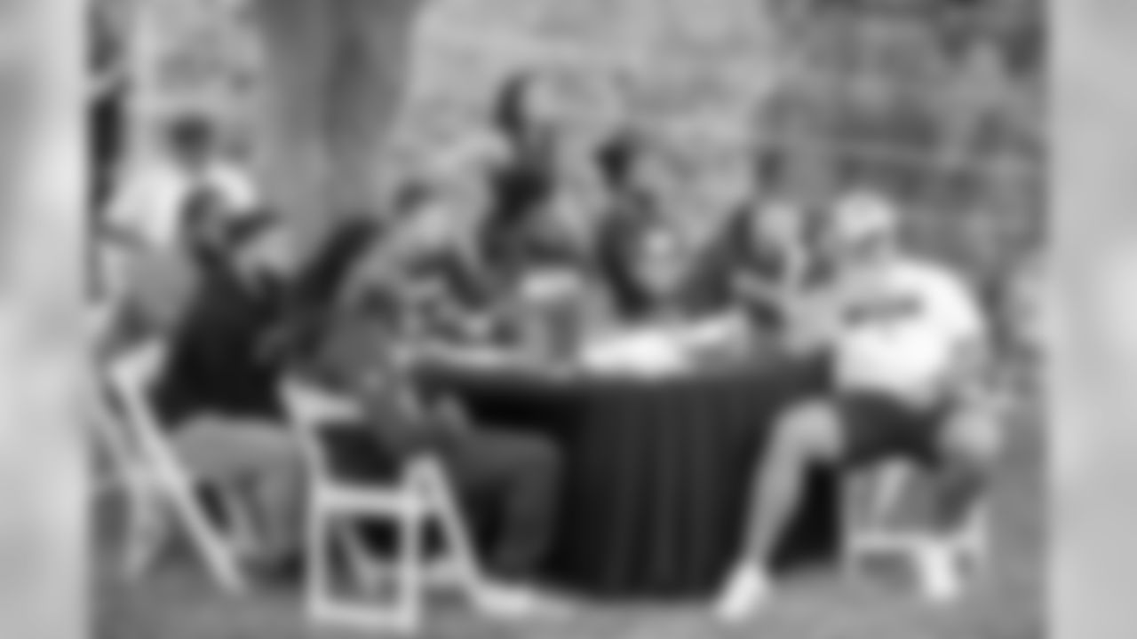Rookies of the Los Angeles Rams listens to HOF running back Eric Dickerson and (30) Todd Gurley speak to the rookies at a BBQ/Social at Eric Dickerson's home, Tuesday, June 11, 2019, in Calabasas, CA. (Jeff Lewis/Rams)