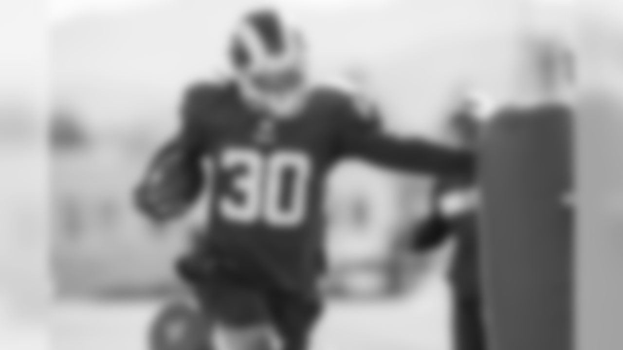 Running back (30) Todd Gurley of the Los Angeles Rams practices, Thursday, December 12, 2019, in Thousand Oaks, CA. (Jeff Lewis/Rams)