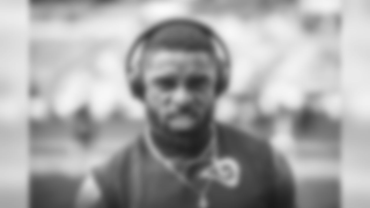 Safety (33) Nick Scott of the Los Angeles Rams warms up before the Rams 24-10 victory over the Bengals in an NFL Week 8 regular season football game, Sunday, October 27, 2019, in London, England. (Jeff Lewis/Rams)