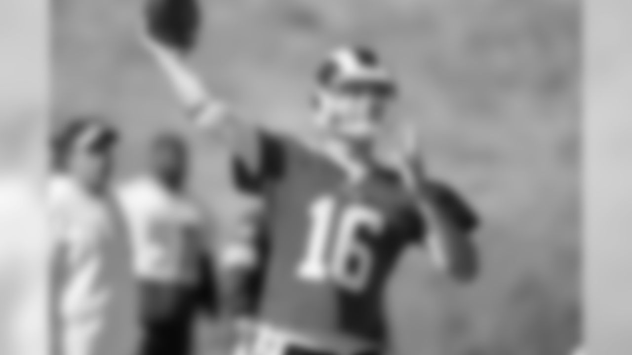 Quarterback (16) Jared Goff of the Los Angeles Rams practices, Wednesday, October 9, 2019, in Thousand Oaks, CA. (Jeff Lewis/Rams)