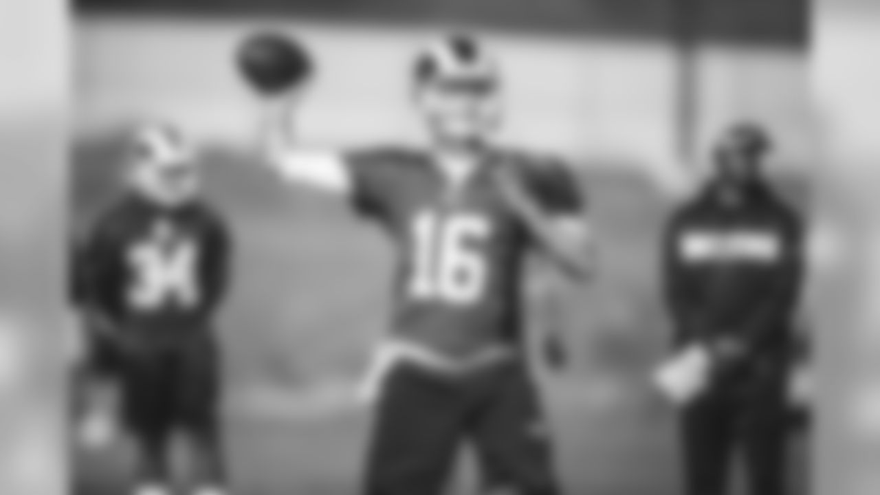 Quarterback (16) Jared Goff of the Los Angeles Rams practices, Thursday, December 19, 2019, in Thousand Oaks, CA. (Jeff Lewis/Rams)