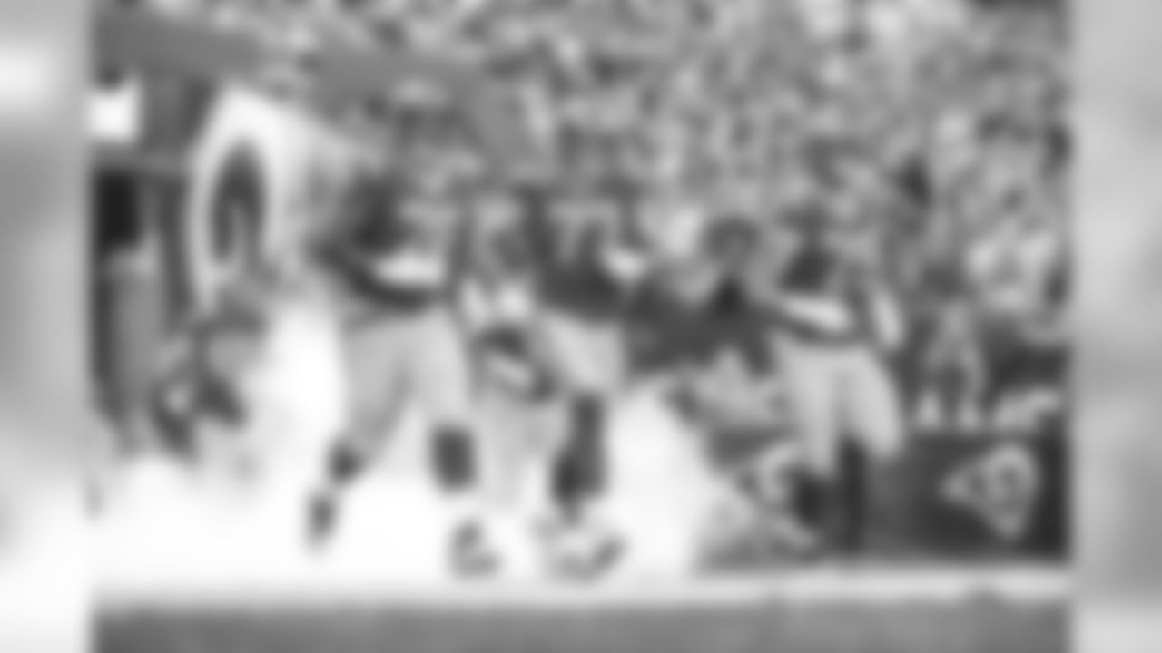 (76) Rodger Saffold, (77) Andrew Whitworth, (79) Rob Havenstein, (65) John Sullivan, and (66) Austin Blythe of the Los Angeles Rams are introduced before the Rams 38-31 victory over the Vikings in an NFL Week 4 Thursday Night Football game, Thursday, September 27, 2018, in Los Angeles, CA. (Jeff Lewis/Rams)
