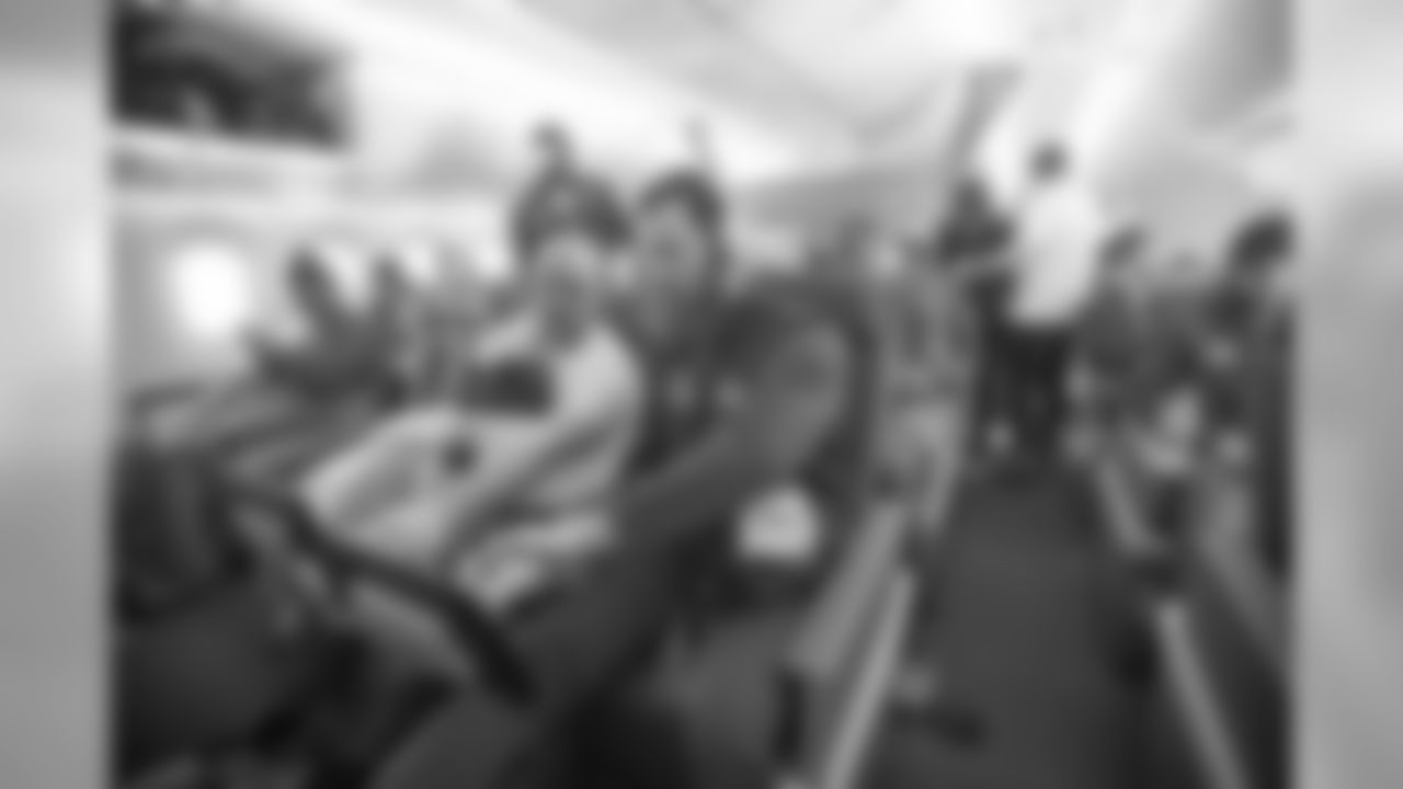 Kicker (4) Greg Zuerlein and long snapper (44) Jake McQuaide of the Los Angeles Rams sits on the plane flying to Atlanta for Super Bowl LIII, Sunday, January 27, 2019, in Los Angeles, CA. (Jeff Lewis/Rams)
