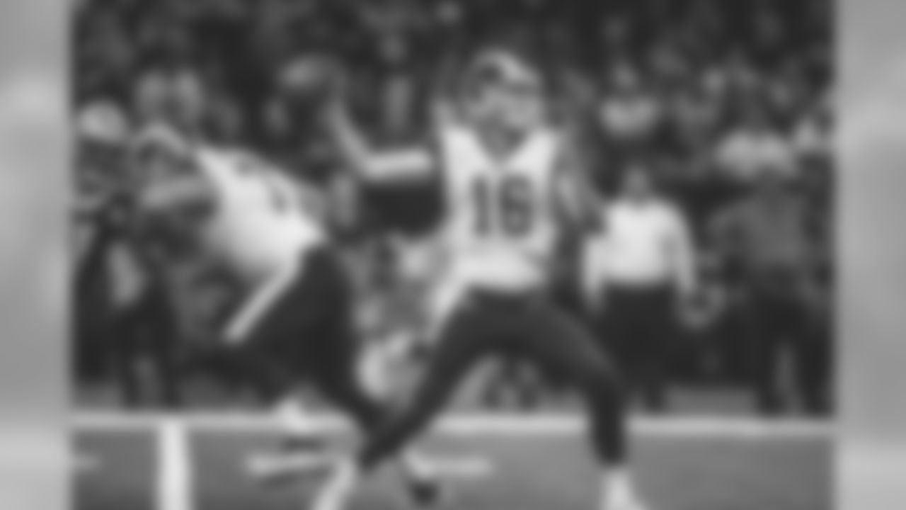 Quarterback (16) Jared Goff of the Los Angeles Rams passes the ball against the New Orleans Saints during the Rams 35-45 loss to the Saints in an NFL Week 9 regular season football game, Sunday, November 4, 2018, in New Orleans, LA. (Jeff Lewis/Rams)