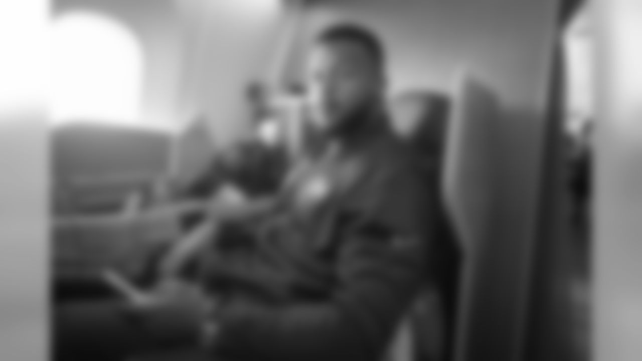 Defensive tackle (99) Aaron Donald of the Los Angeles Rams sits on the plane flying to Atlanta for Super Bowl LIII, Sunday, January 27, 2019, in Los Angeles, CA. (Jeff Lewis/Rams)