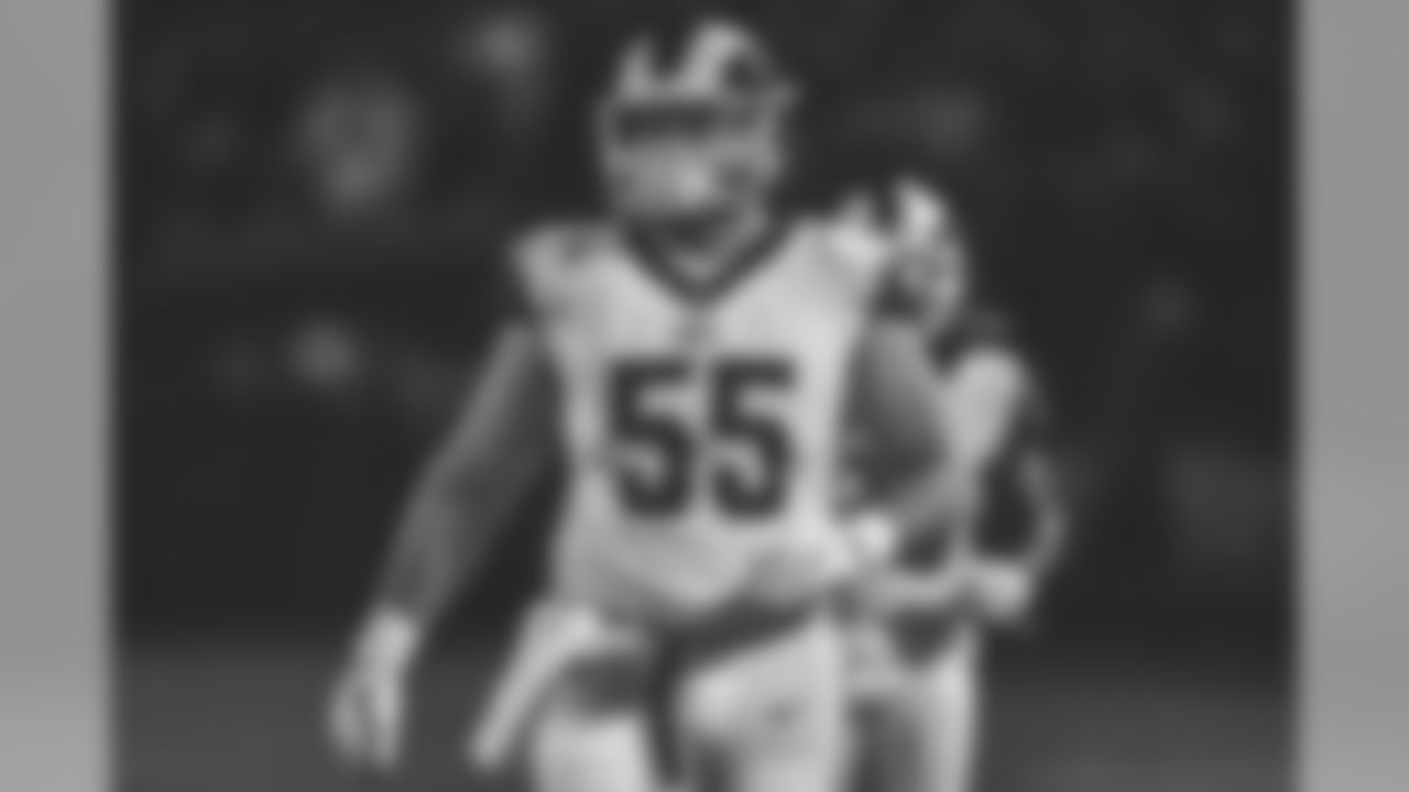 Center #55 Brian Allen of the Los Angeles Rams during the Rams 33-13 Monday Night Football victory over the Oakland Raiders in an NFL Season Opener Weeks 1 football game on September 10, 2018, in Oakland, CA. (Daniel Bowyer/Rams)