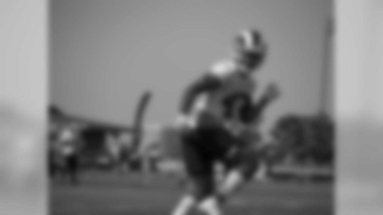 safety JOHN JOHNSON III (43) Of The Los Angeles Rams, running for reception for a drill during practice at training camp 2018 at University Of California Irvine in Irvine, CA on 08/11/2018 (rams/KameryonGreyBrown)