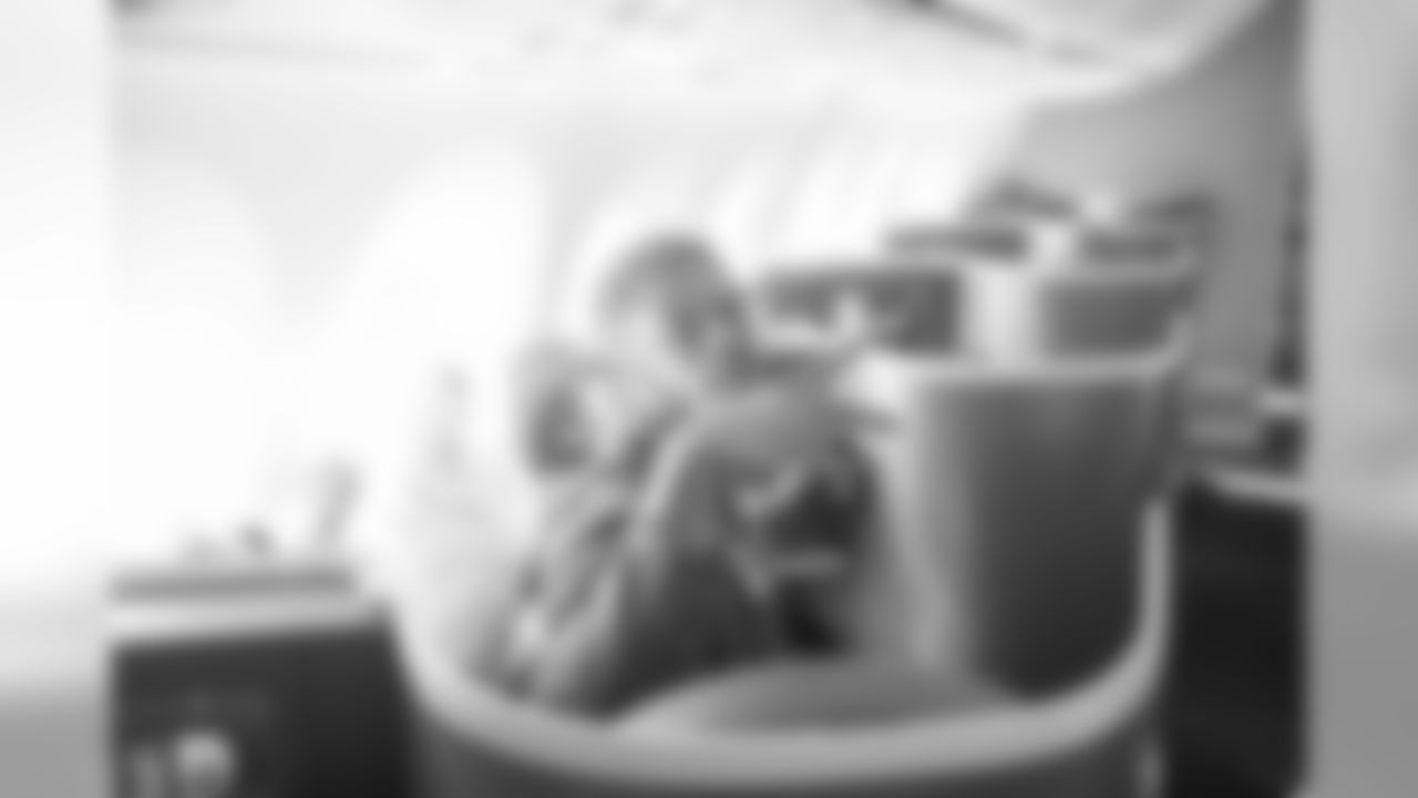 Tight end (81) Gerald Everett of the Los Angeles Rams sits on the plane flying to Atlanta for Super Bowl LIII, Sunday, January 27, 2019, in Los Angeles, CA. (Jeff Lewis/Rams)