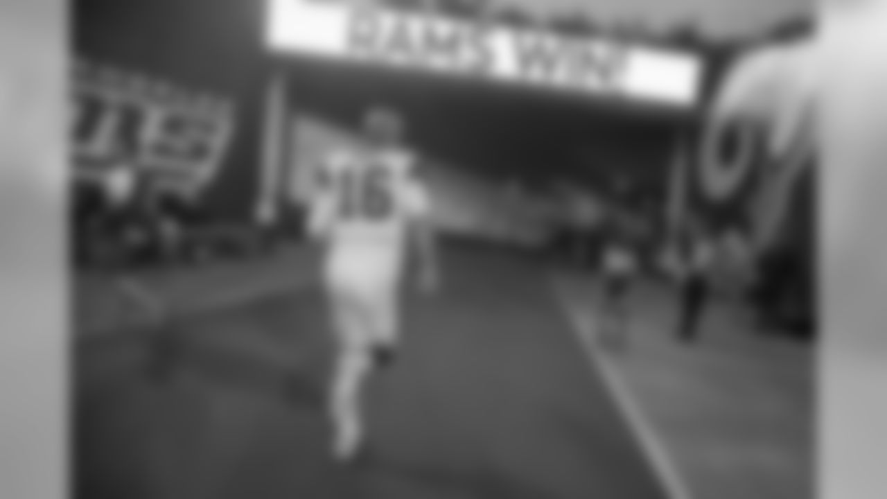 Quarterback (16) Jared Goff of the Los Angeles Rams walks off the field after the Rams 26-20 victory over the Saints in an NFL Week 12 football game, Sunday, November 26, 2017, in Los Angeles, CA. (Jeff Lewis/Rams)
