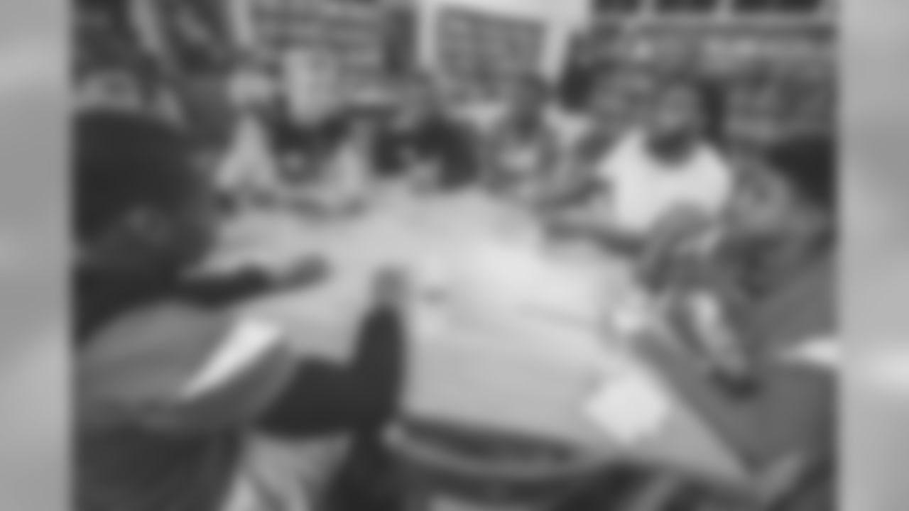 The Los Angeles Rams staff and current players Johnny Hekker, Aqib Talib, and Mark Barron with R.I.S.E staff hold a leadership session with aim to break socioeconomic barriers between two high schools (Morningside High School, And Oaks Christian School), with varying demographics. September 16, 2018, at Morningside High School, in Los Angeles, CA. (Daniel Bowyer/Rams)