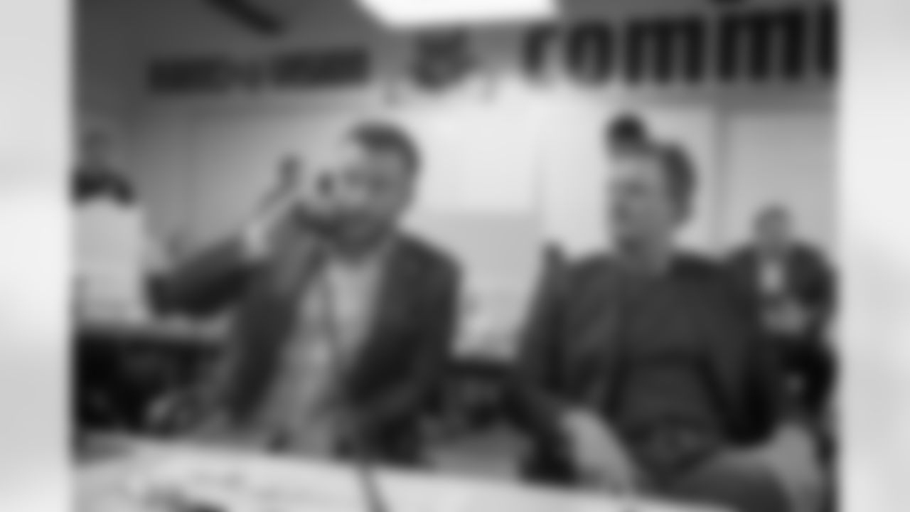 Head coach Sean McVay and general manager Les Snead of the Los Angeles Rams speak to Joseph Noteboom after drafting during the third round of the NFL Draft from the Rams War Room, Friday, April 27, 2018, in Thousand Oaks, CA. (Jeff Lewis/Rams)