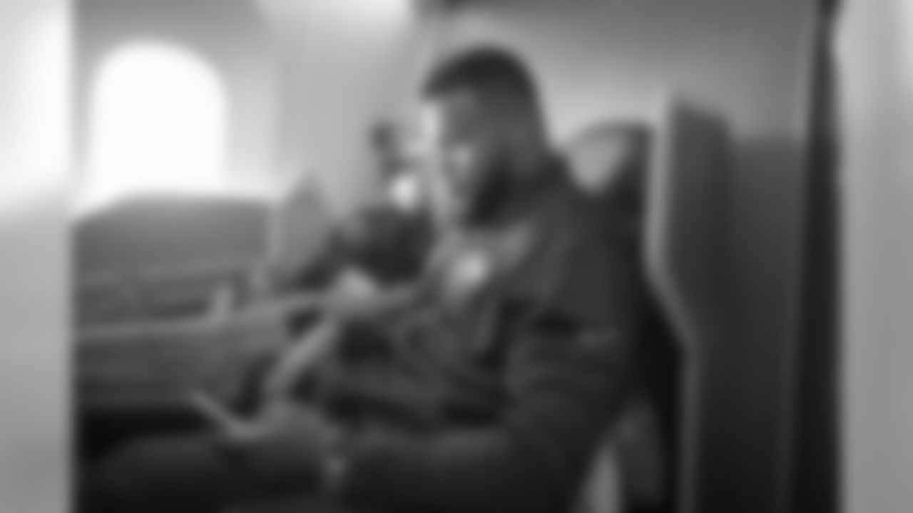 Defensive tackle (99) Aaron Donald of the Los Angeles Rams sits on the plane flying to Atlanta for Super Bowl LIII, Sunday, January 27, 2019, in Los Angeles, CA. (Jeff Lewis/Rams)